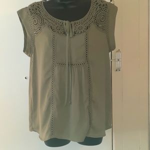 Blouse, Olive Green, Large, Embroidered, Ties in Front, 100% Polyester